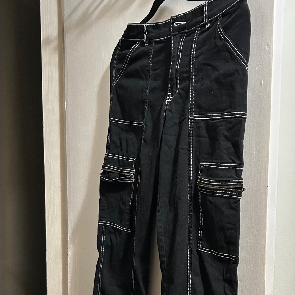 Refuge Black Cargo Pants with White Stitching